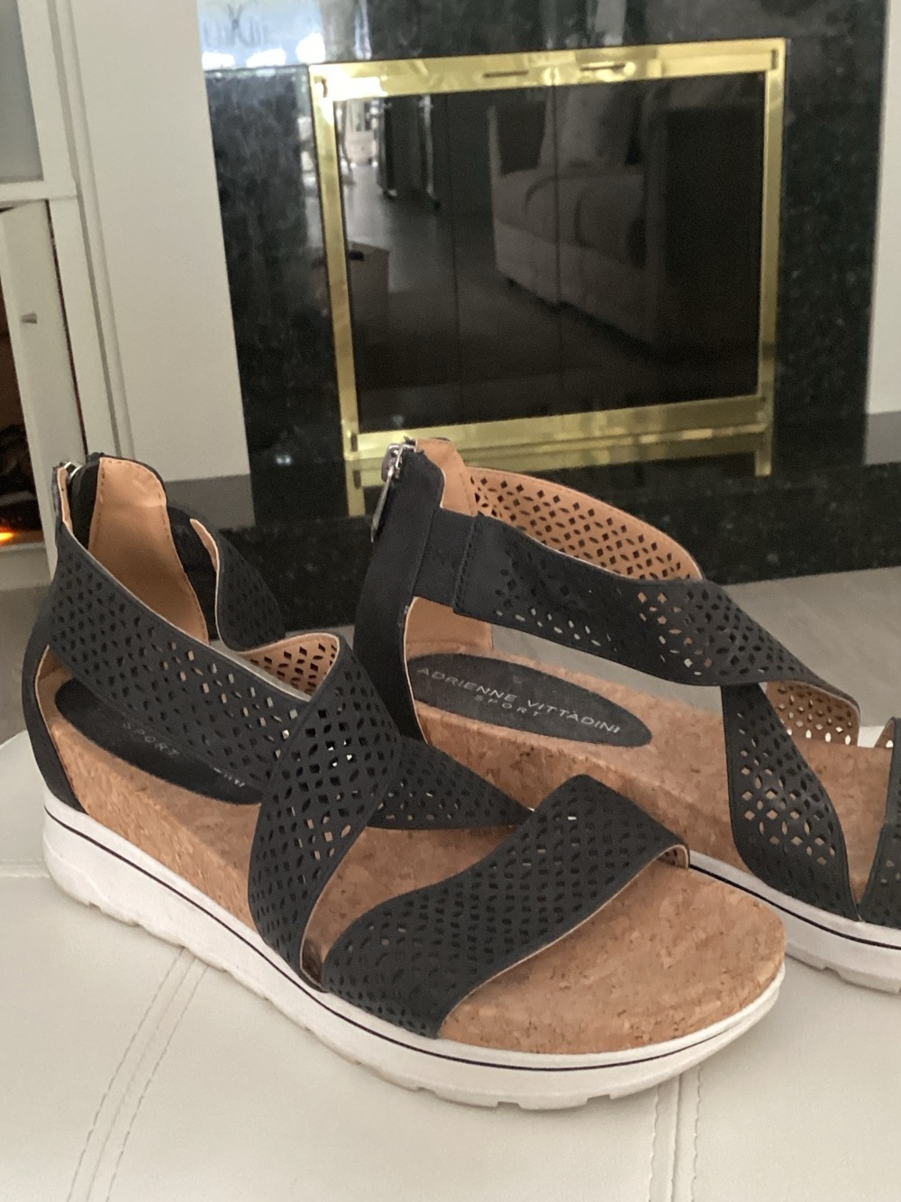 Adrienne Vittadini Black Perforated Cork Platform Wedges